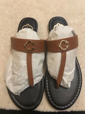 C. Wonder Brown Leather T-Strap Sandals with Gold Logo